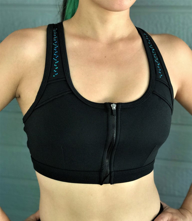 Judy zip Sports Bra (Black & Teal Intertwine)